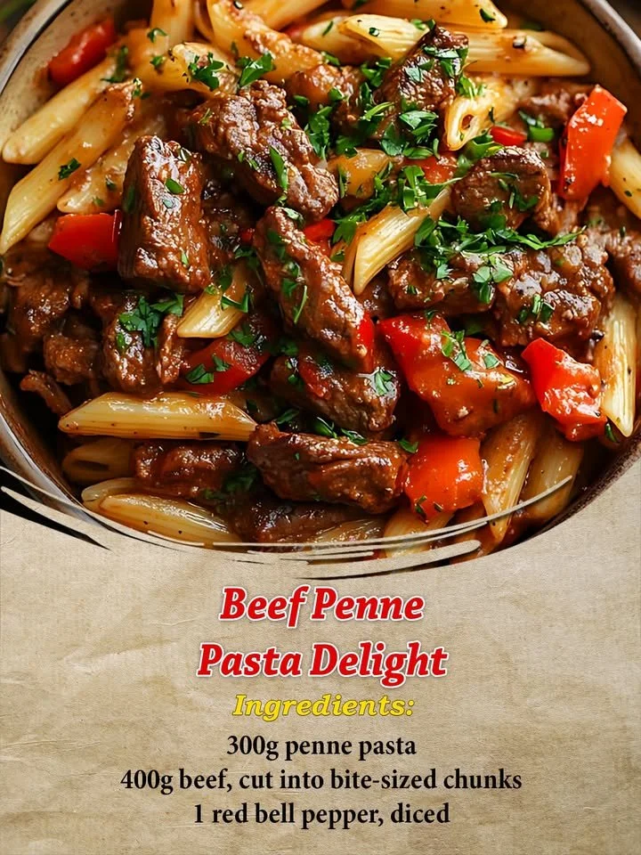 Delicious Beef Penne Pasta served in a bowl with herbs and spices.