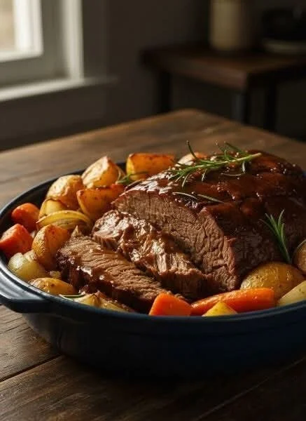 Delicious beef roast ready to be served with fresh herbs and vegetables