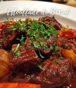 Delicious beef stew with vegetables and herbs in a rustic bowl