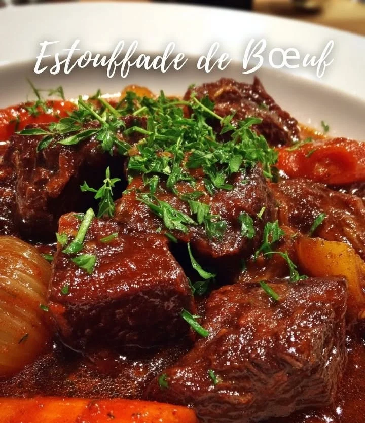 Delicious beef stew with vegetables and herbs in a rustic bowl