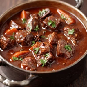 Beef stew with dark beer and gingerbread in a rustic bowl.