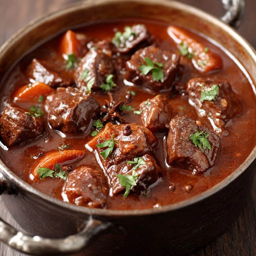 Beef stew with dark beer and gingerbread in a rustic bowl.