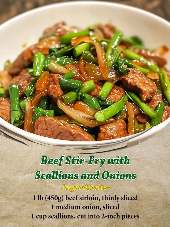 Beef stir-fry with scallions and onions served in a bowl