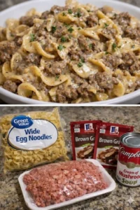 Delicious Beef Stroganoff served with creamy sauce over egg noodles