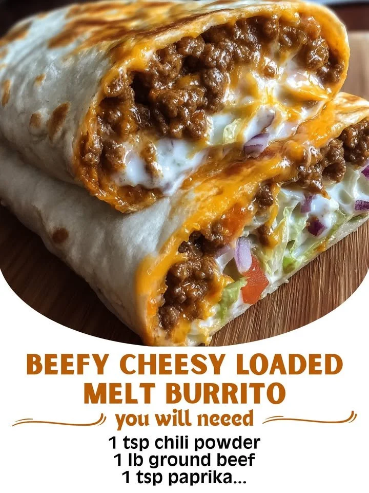 Beefy Cheesy Loaded Melt Burrito with toppings