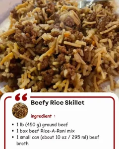 Beefy Rice Skillet loaded with beef, rice, and colorful vegetables