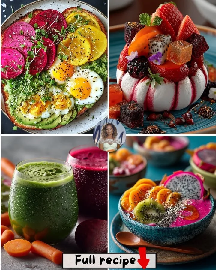 Beet & Avocado Sunrise Toast topped with microgreens