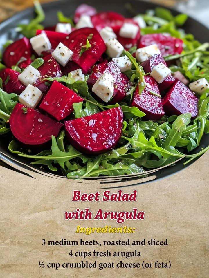 Delicious beet salad with arugula, drizzled with dressing and garnished.