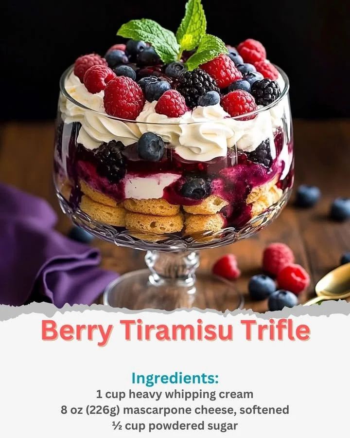 Delicious Berry Tiramisu Trifle with layers of berries and creamy mascarpone