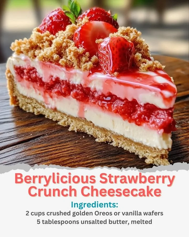 Berrylicious Strawberry Crunch Cheesecake topped with fresh strawberries and crunchy crust