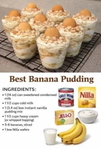 Delicious homemade banana pudding cup topped with whipped cream and banana slices.