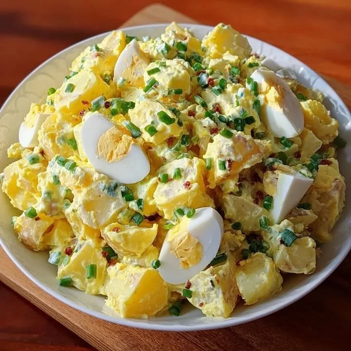 Creamy classic potato salad in a bowl, garnished with herbs.
