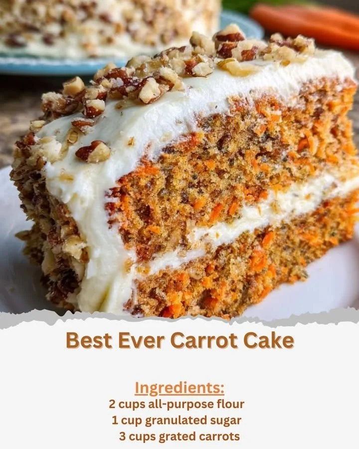 Slice of the best ever carrot cake topped with cream cheese frosting.