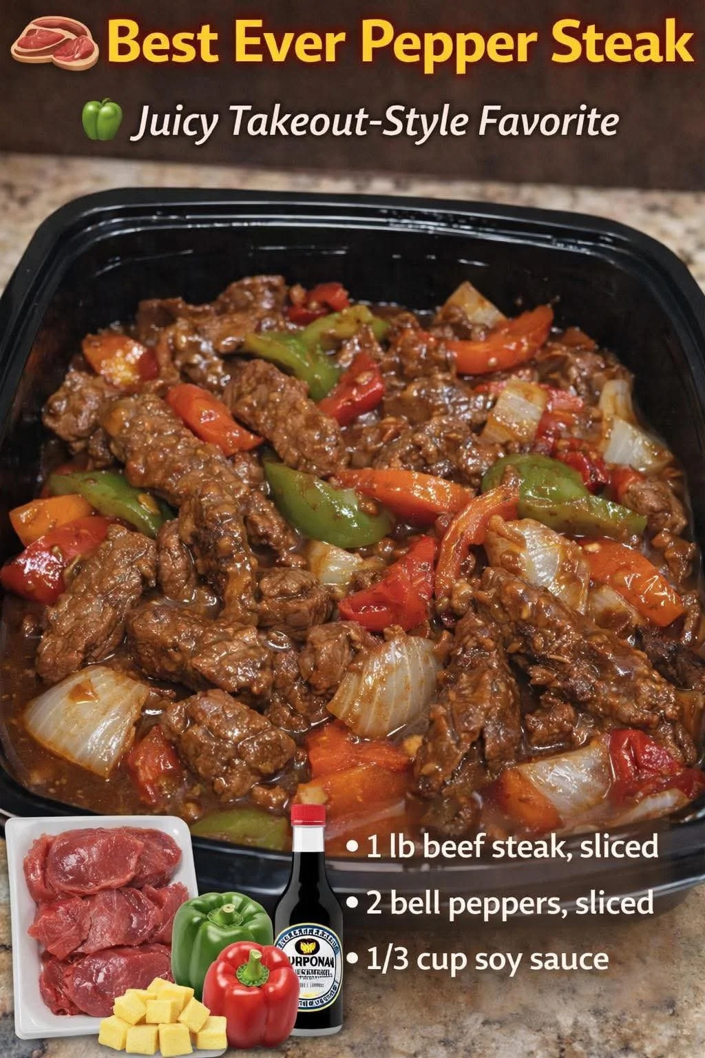 Delicious pepper steak with colorful bell peppers and tender beef strips on a plate.