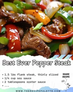 A delicious plate of best ever pepper steak with vibrant peppers and juicy beef.