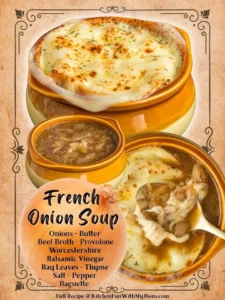 Bowl of delicious French Onion Soup topped with melted cheese and croutons