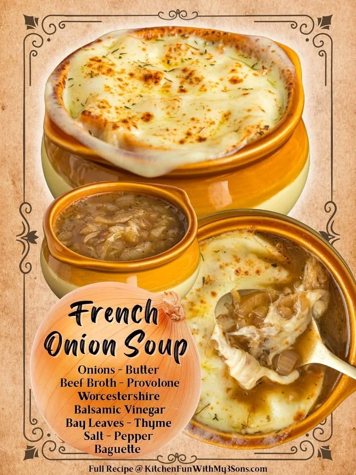 Bowl of delicious French Onion Soup topped with melted cheese and croutons
