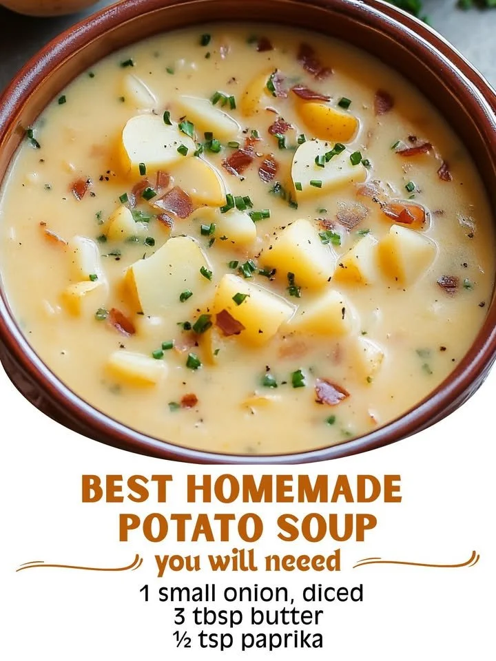 Delicious bowl of homemade potato soup garnished with herbs
