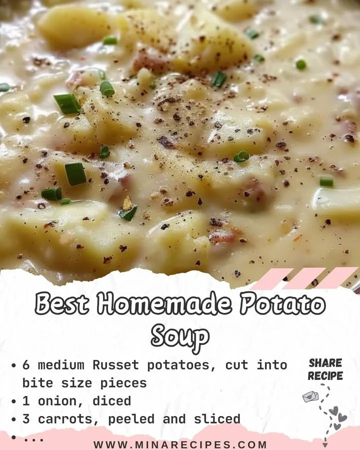 Bowl of creamy homemade potato soup topped with herbs and bacon.