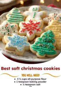 Delicious soft Christmas cookies decorated with festive icing and sprinkles.