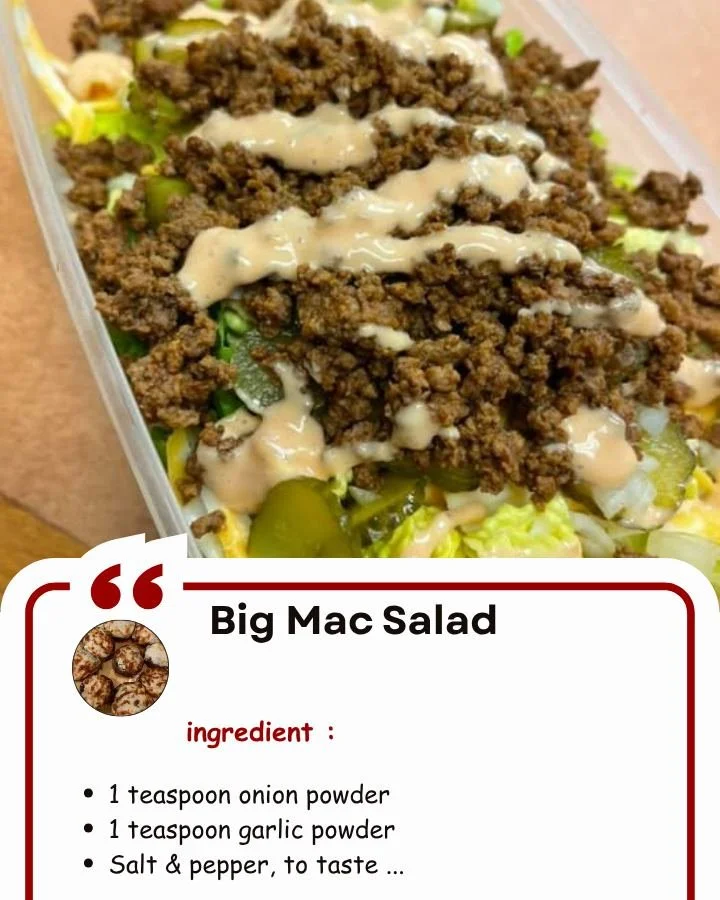 Delicious Big Mac Salad featuring lettuce, burger patties, and special sauce.