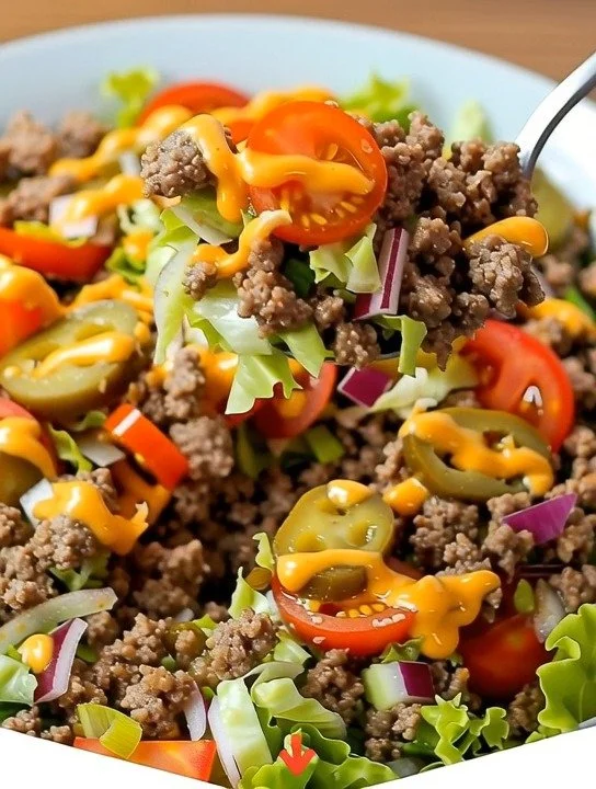 Fresh Big Mac Salad with lettuce, onions, cheese, and special sauce.