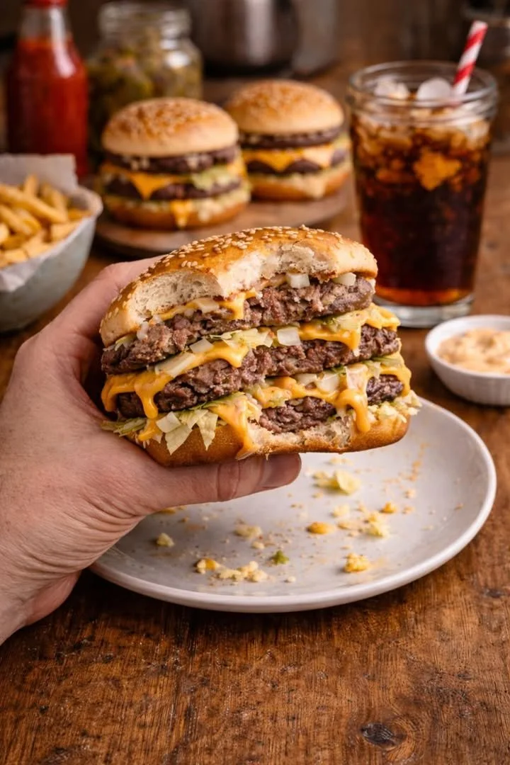 Homemade Big Mac-style burger with lettuce, cheese, and special sauce