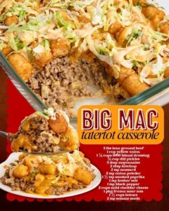 Big Mac tater tot casserole topped with cheese and pickles in a skillet