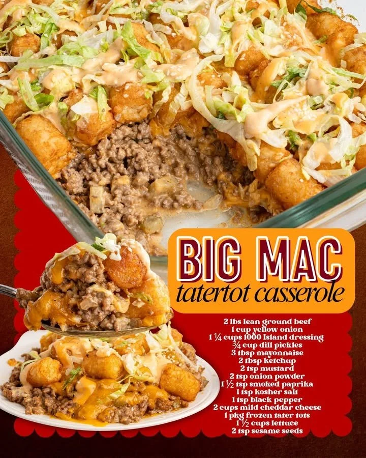 Big Mac tater tot casserole topped with cheese and pickles in a skillet
