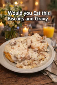Delicious homemade biscuits and gravy served on a plate