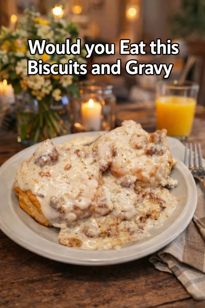 Delicious homemade biscuits and gravy served on a plate
