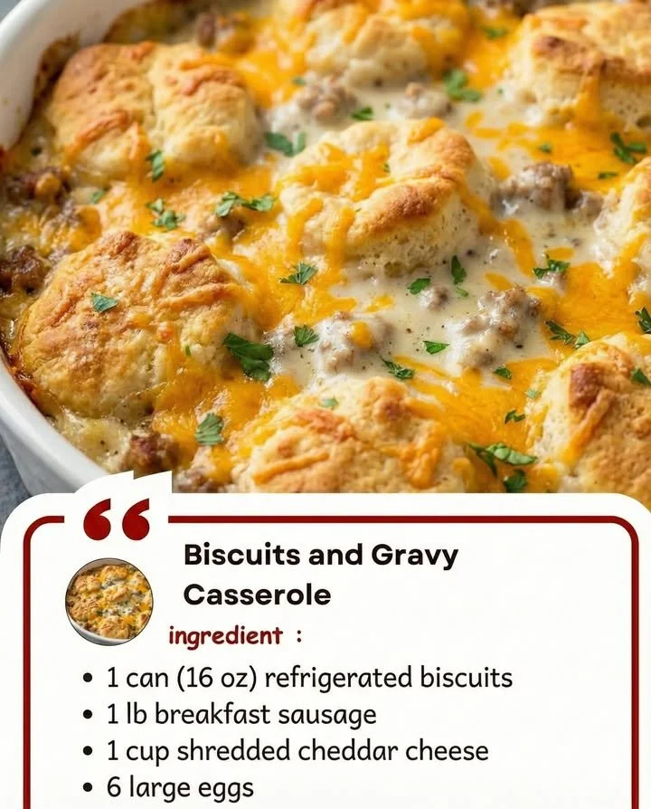 Delicious Biscuits and Gravy Casserole served on a plate