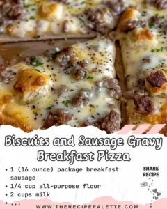 Slice of biscuits and sausage gravy breakfast pizza topped with egg and cheese