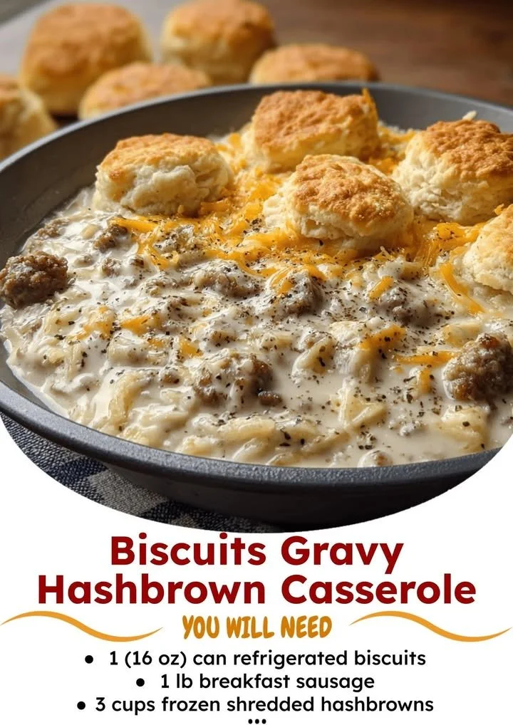 Hearty biscuits and gravy hashbrown casserole topped with savory sausage gravy.