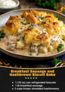 Delicious biscuits gravy hashbrown casserole dish served hot