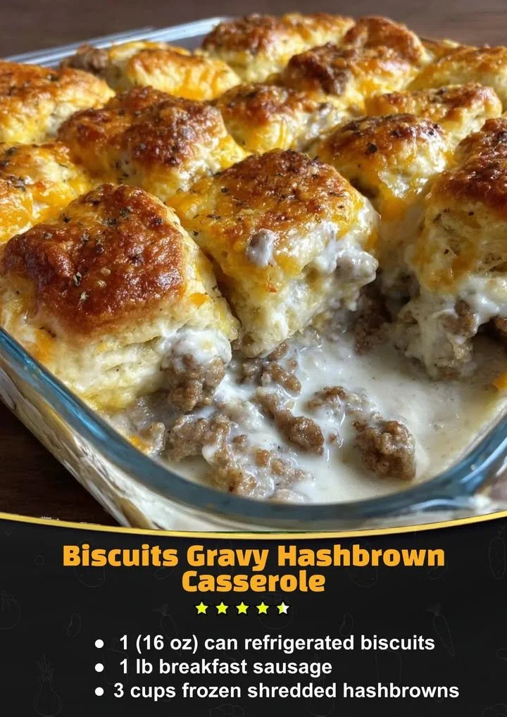 Delicious biscuits gravy hashbrown casserole topped with cheese and sausage