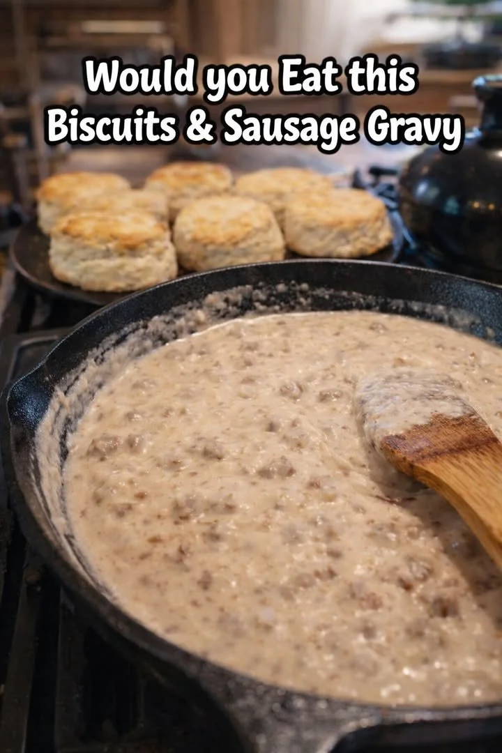 Biscuit topped with creamy sausage gravy in a bowl.