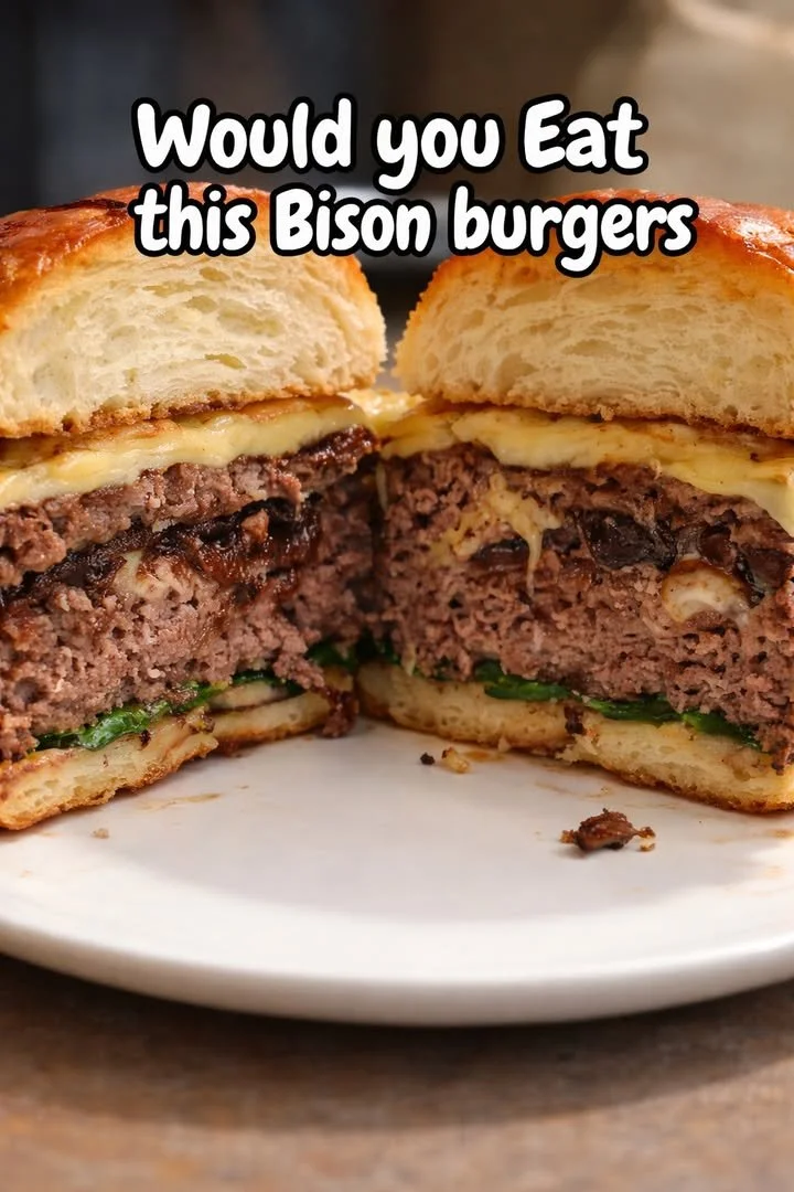 Grilled bison burgers on a plate with fresh toppings and condiments