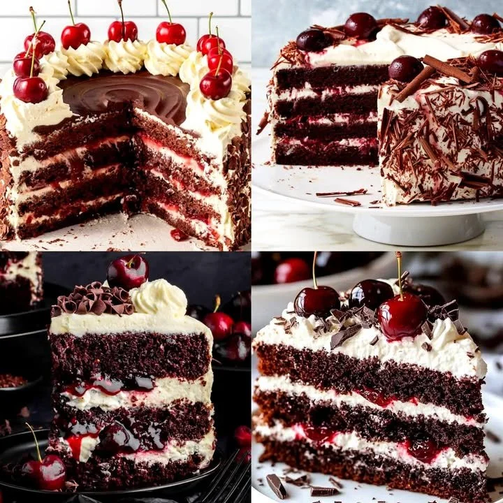Delicious slice of Black Forest Cake with chocolate, cherries, and whipped cream.