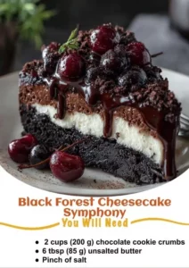 Delicious Black Forest Cheesecake Symphony with chocolate, cherries, and cream.