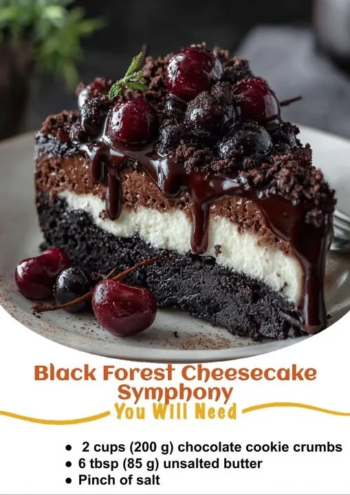 Delicious Black Forest Cheesecake Symphony topped with cherries and chocolate shavings.
