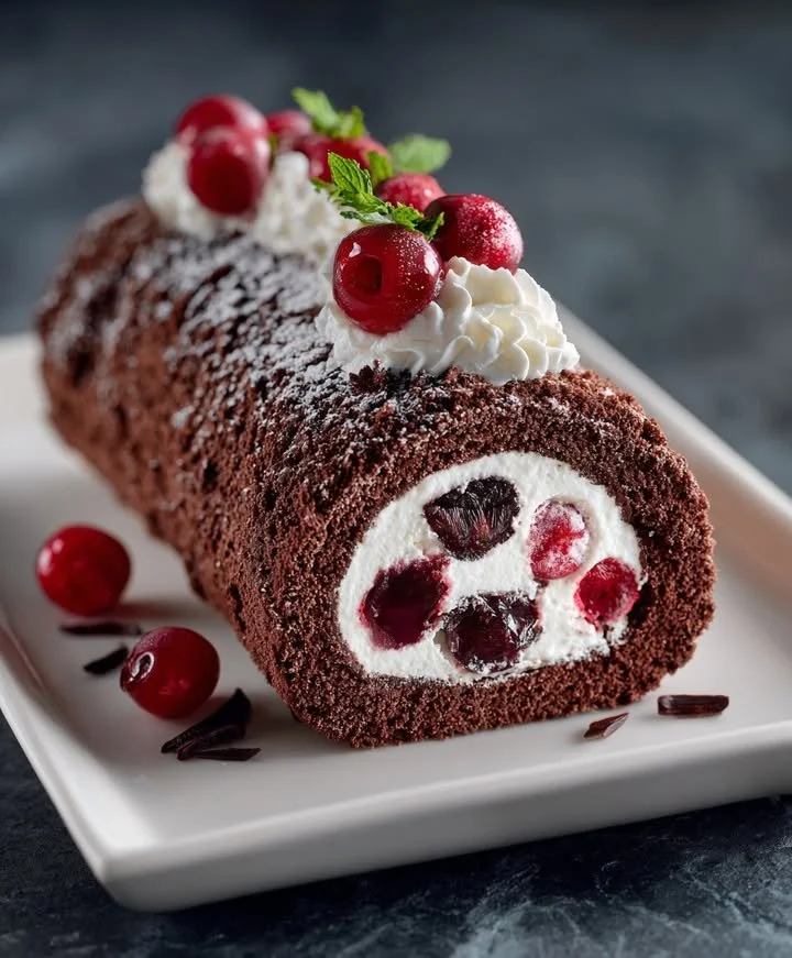 Delicious Black Forest Cream Roll Cake topped with cherries and whipped cream.