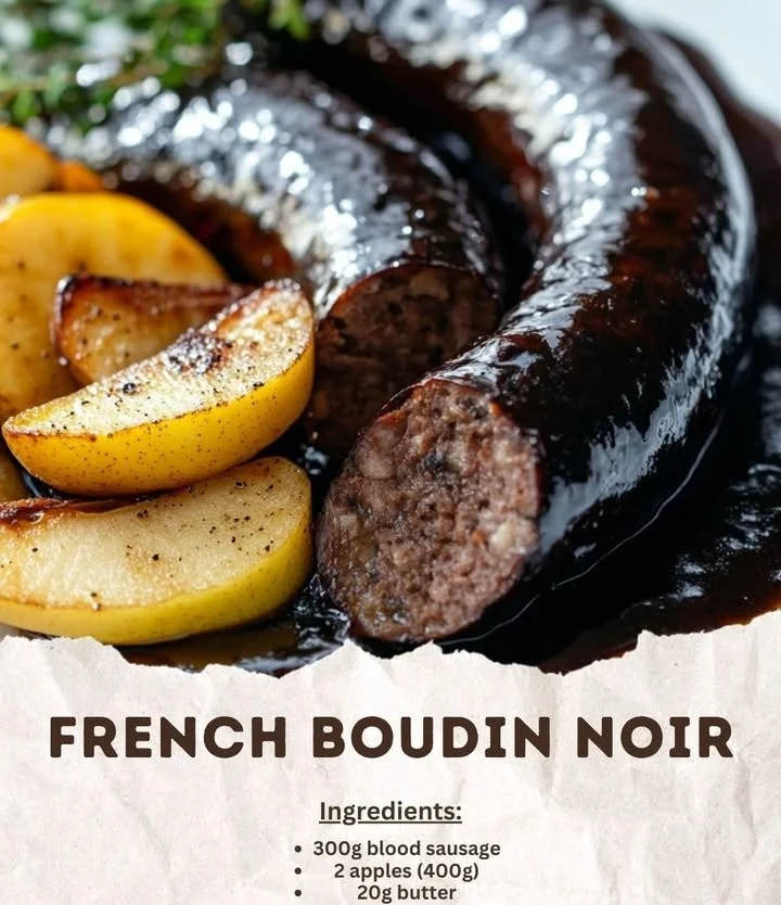 Plate of black pudding with sliced apples garnished on a wooden table