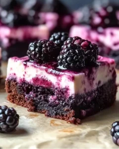 Delicious blackberry cheesecake brownies on a plate with fresh blackberries