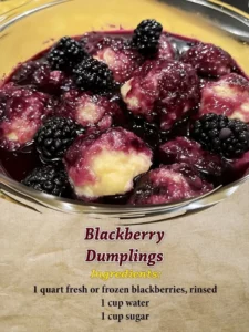 Homemade blackberry dumplings served with fresh berries and sauce
