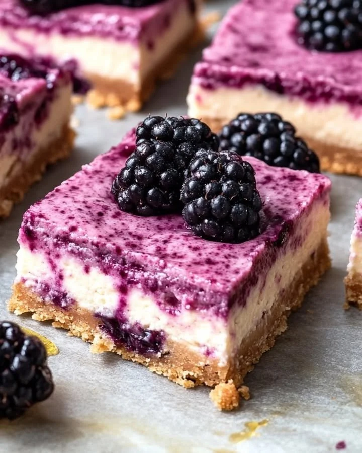 Delicious Blackberry Honey Cheesecake Bars topped with fresh blackberries and honey