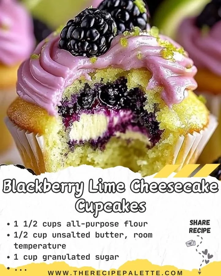 Blackberry Lime Cheesecake Cupcakes topped with fresh blackberries and lime zest