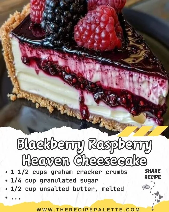 Delicious Blackberry Raspberry Cheesecake with fresh berries on top