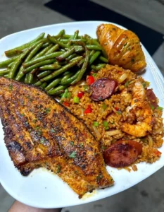 Delicious Blackened Catfish with Cajun Shrimp and Sausage Fried Rice