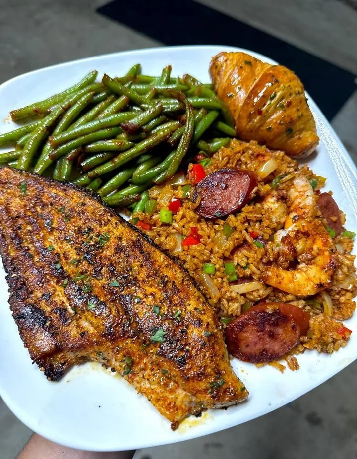 Delicious Blackened Catfish with Cajun Shrimp and Sausage Fried Rice